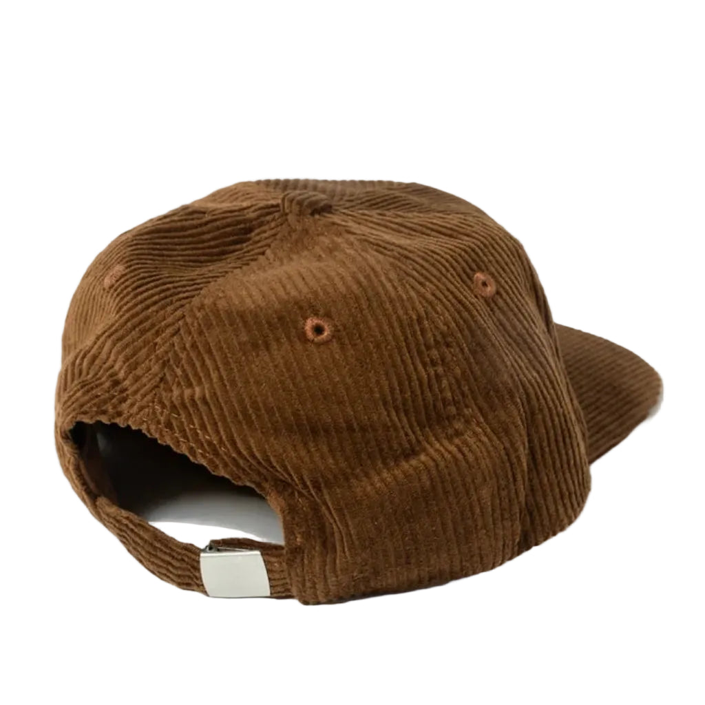 A brown corduroy baseball cap shown from a three-quarters back angle on a white background, featuring a silver metal slider on the back strap.