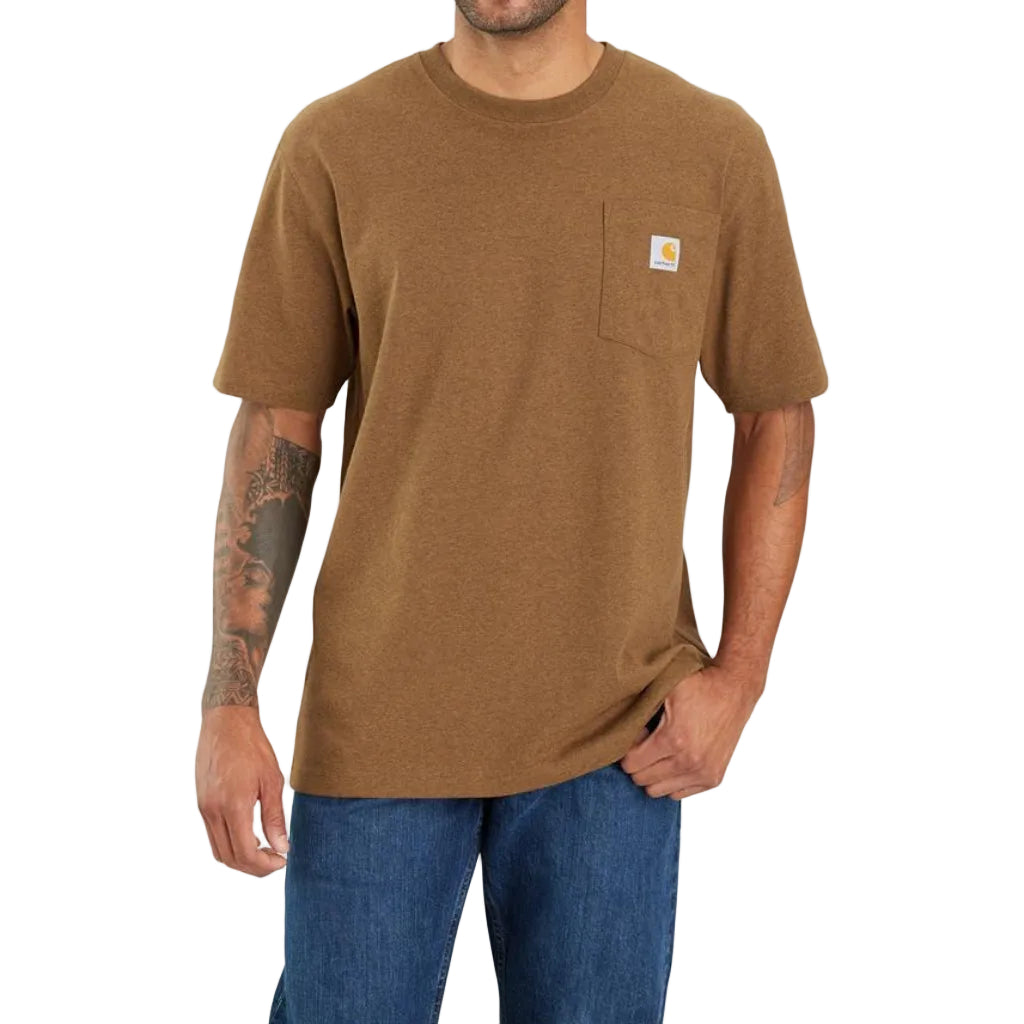 Man wearing a brown t-shirt with a visible brand logo on a white background
