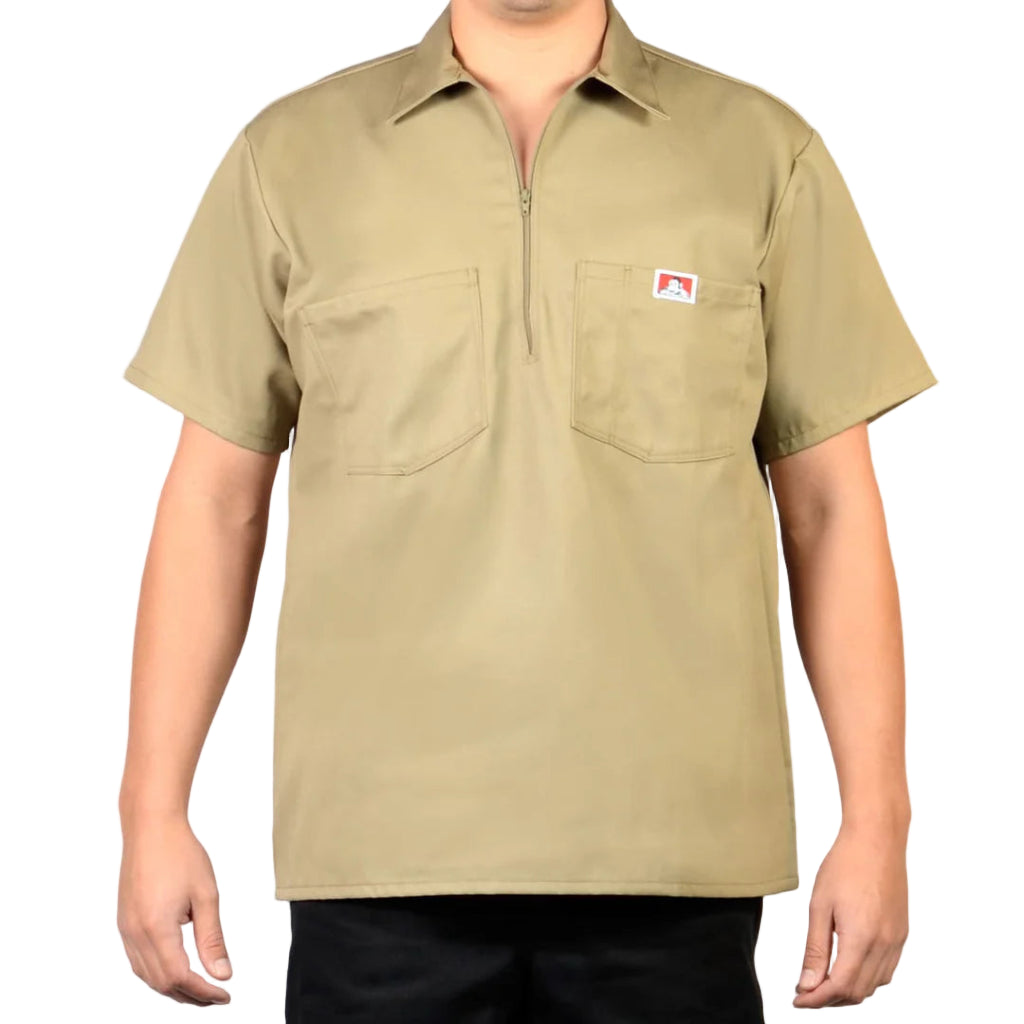 Beige short-sleeve shirt with a logo on a white background