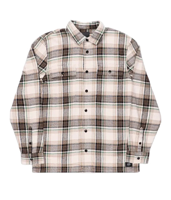 A long-sleeved flannel shirt with a collar, buttoned front closure, and two buttoned-flap chest pockets. The shirt has an all-over plaid pattern in beige, black, and brown colors.