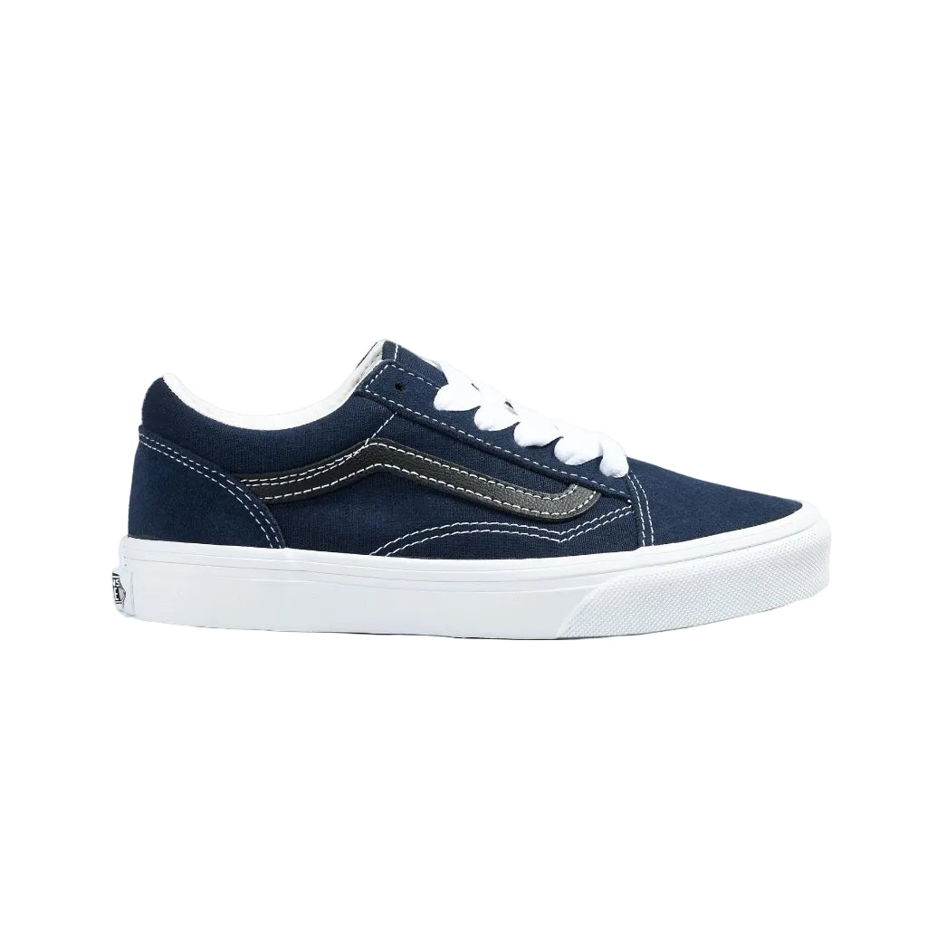 Navy blue sneaker with white laces on a white background