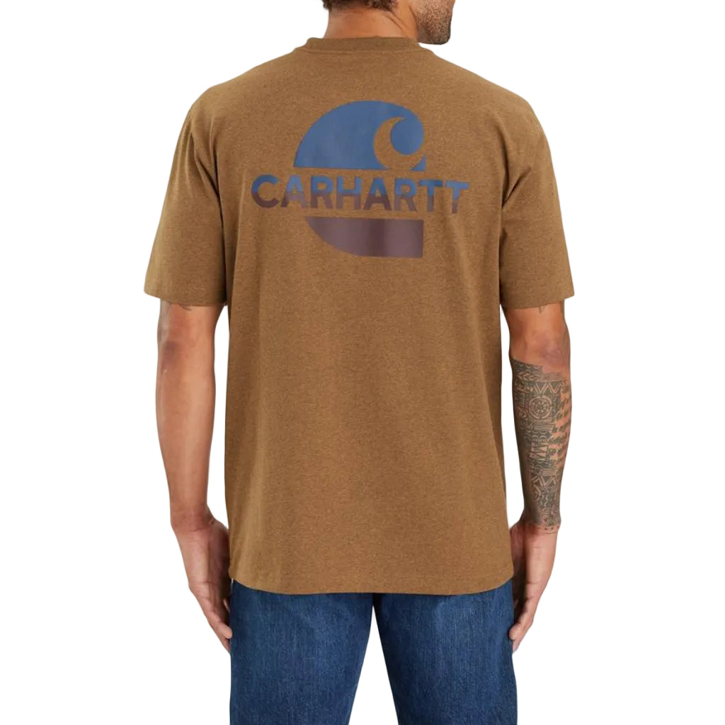 Person wearing a brown Carhartt t-shirt with a blue logo on the back.