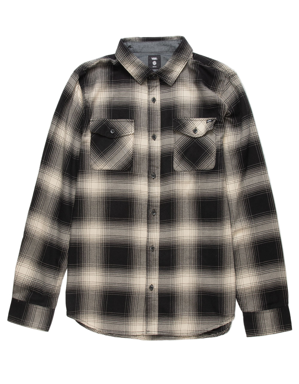A long sleeve button-down checkered shirt with chest pockets.