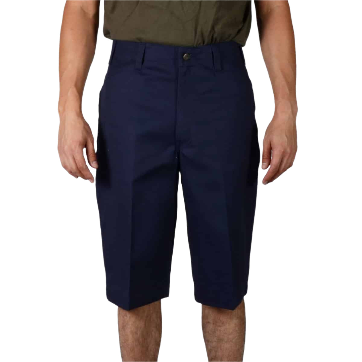 A person standing wearing navy colored Ben Davis shorts with a regular fit.