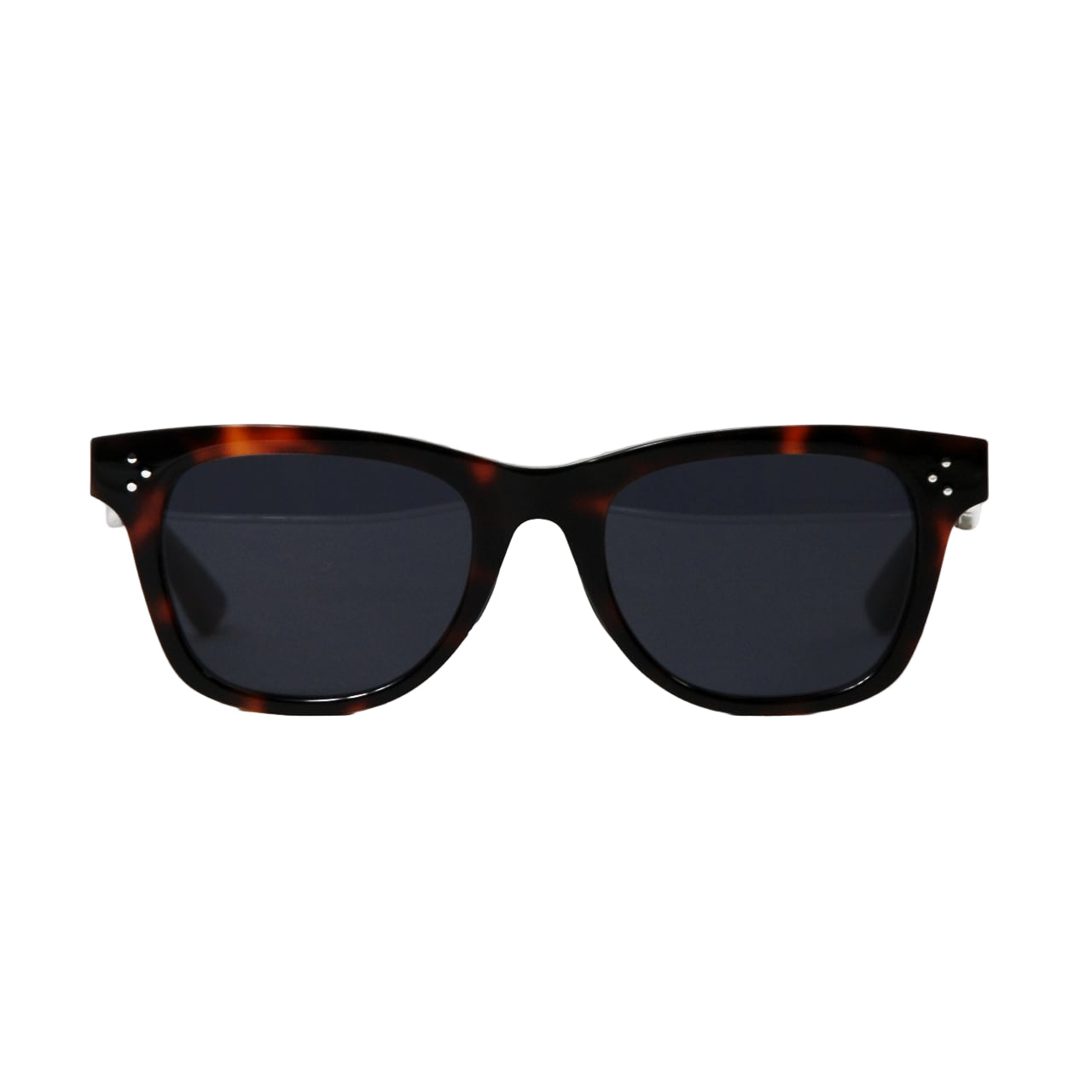Sunglasses with tortoiseshell frame and dark lenses on a white background