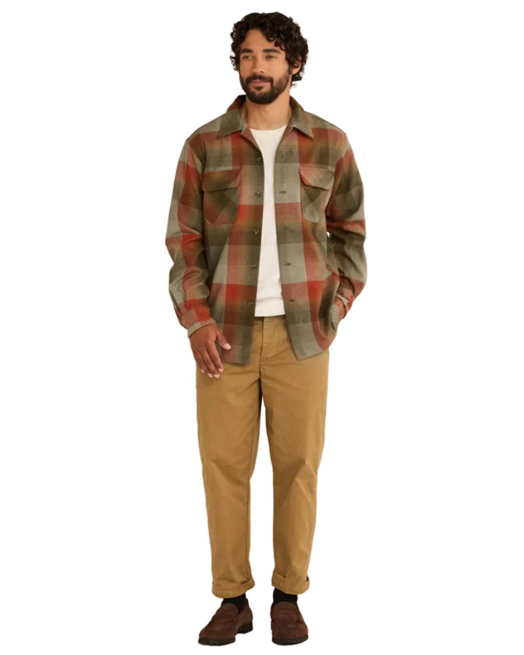 Man wearing a plaid shirt and tan pants on a white background