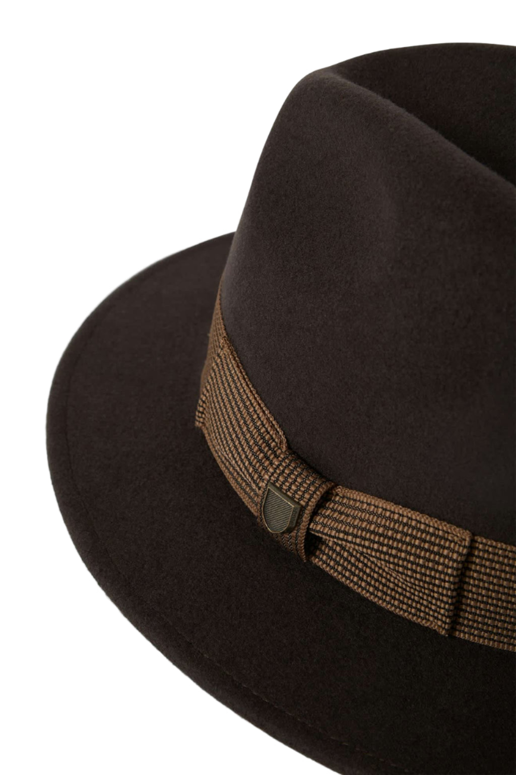 Brown fedora hat with a brown band on a white background