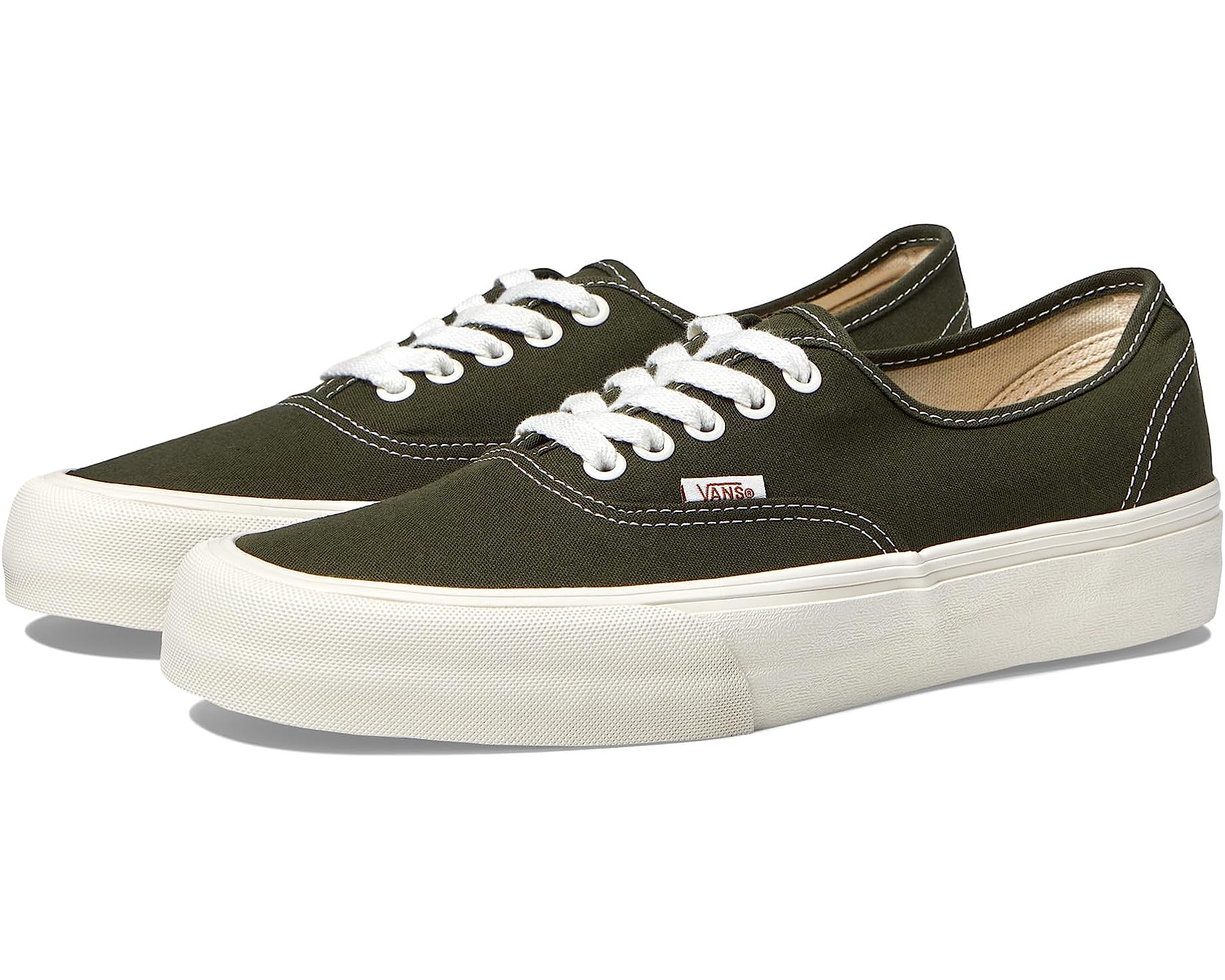 A pair of green Vans Authentic VR3 sneakers with white laces and a white sole.