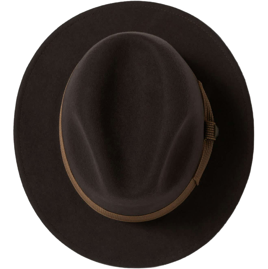 Brown fedora hat with a brown band on a white background