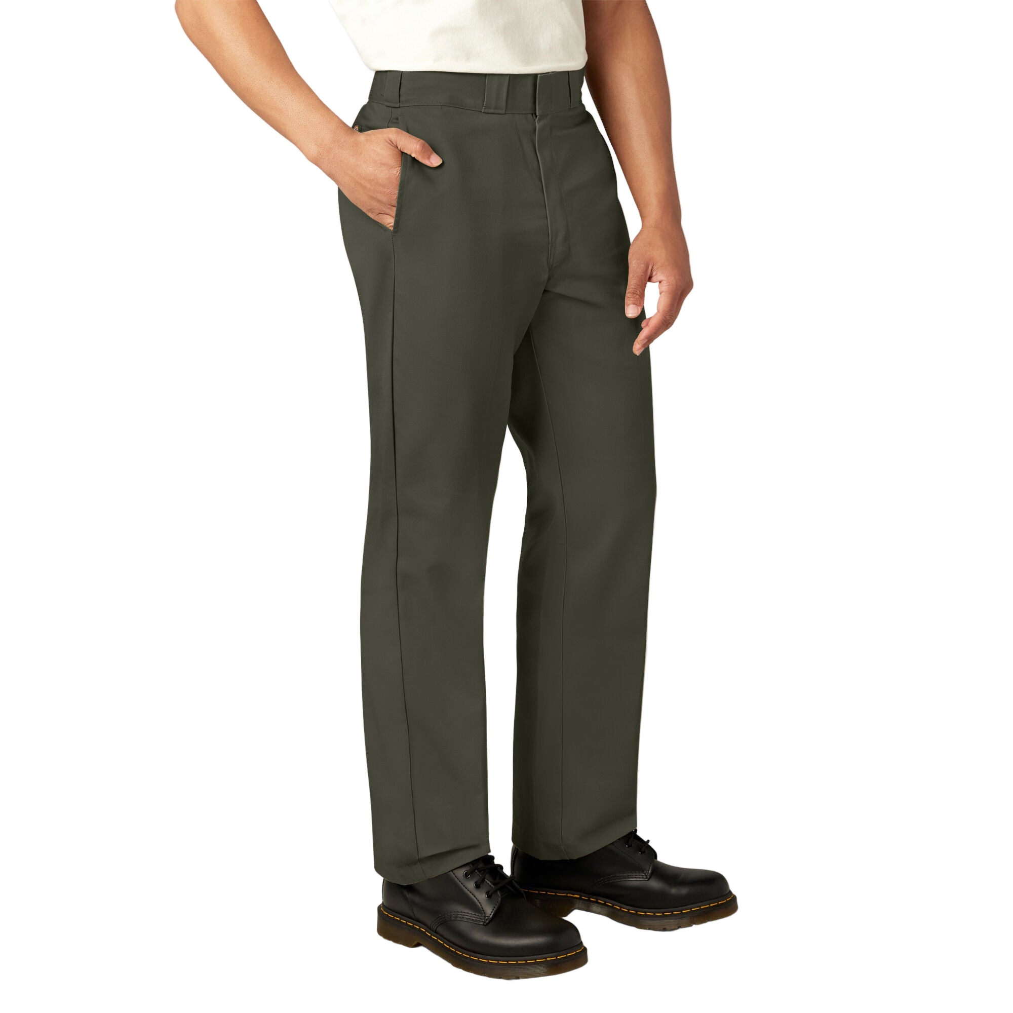 Person wearing olive green pants on a white background