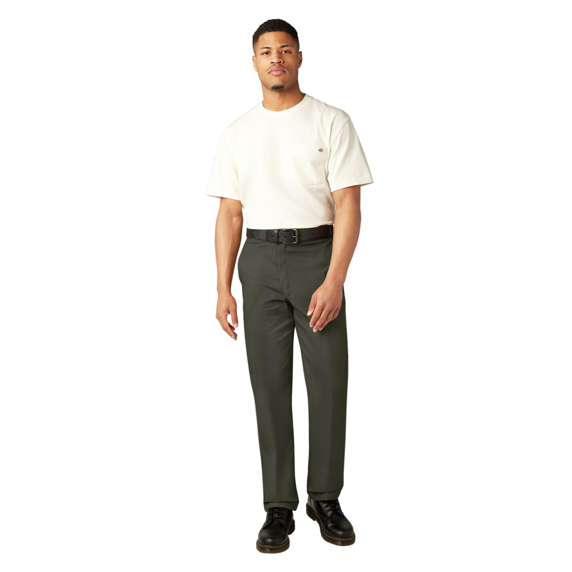 Man wearing a white t-shirt and green pants on a white background