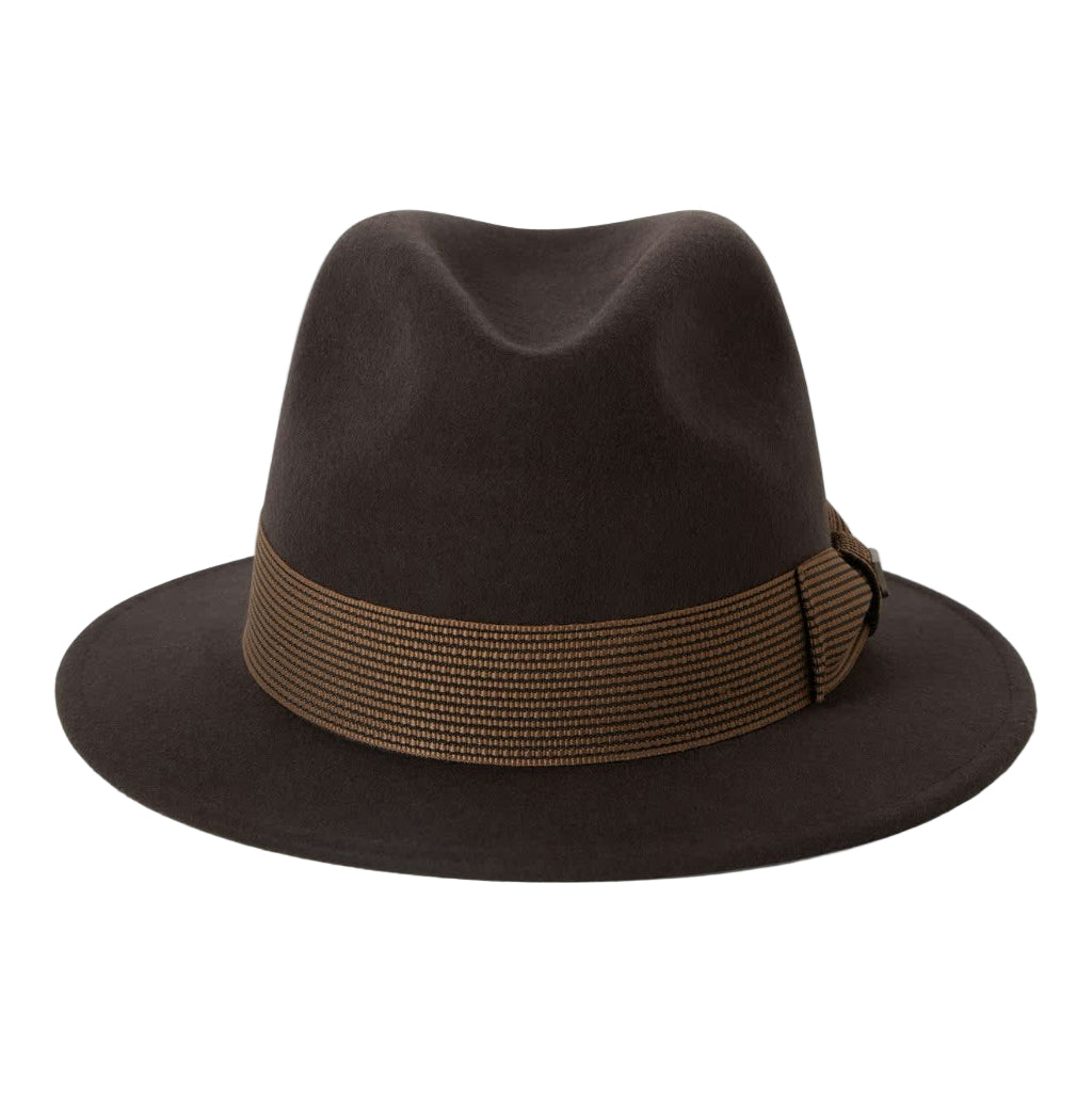 Brown fedora hat with a wide brim and brown band on a white background