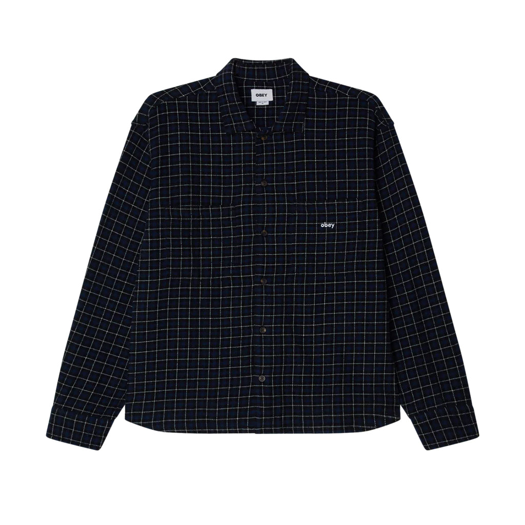 Navy grid-patterned shirt on a white background