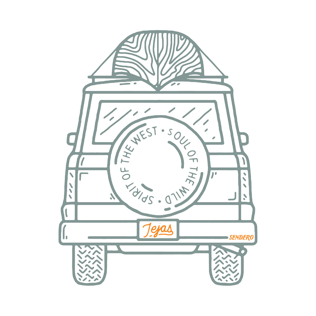 Outline of a vehicle with a logo and text on a white background
