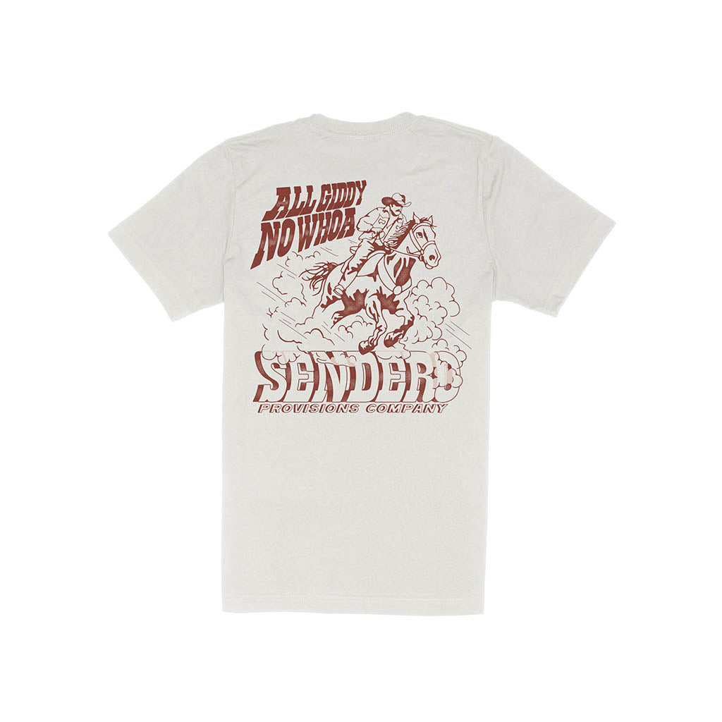White t-shirt with red graphic and text on a white background