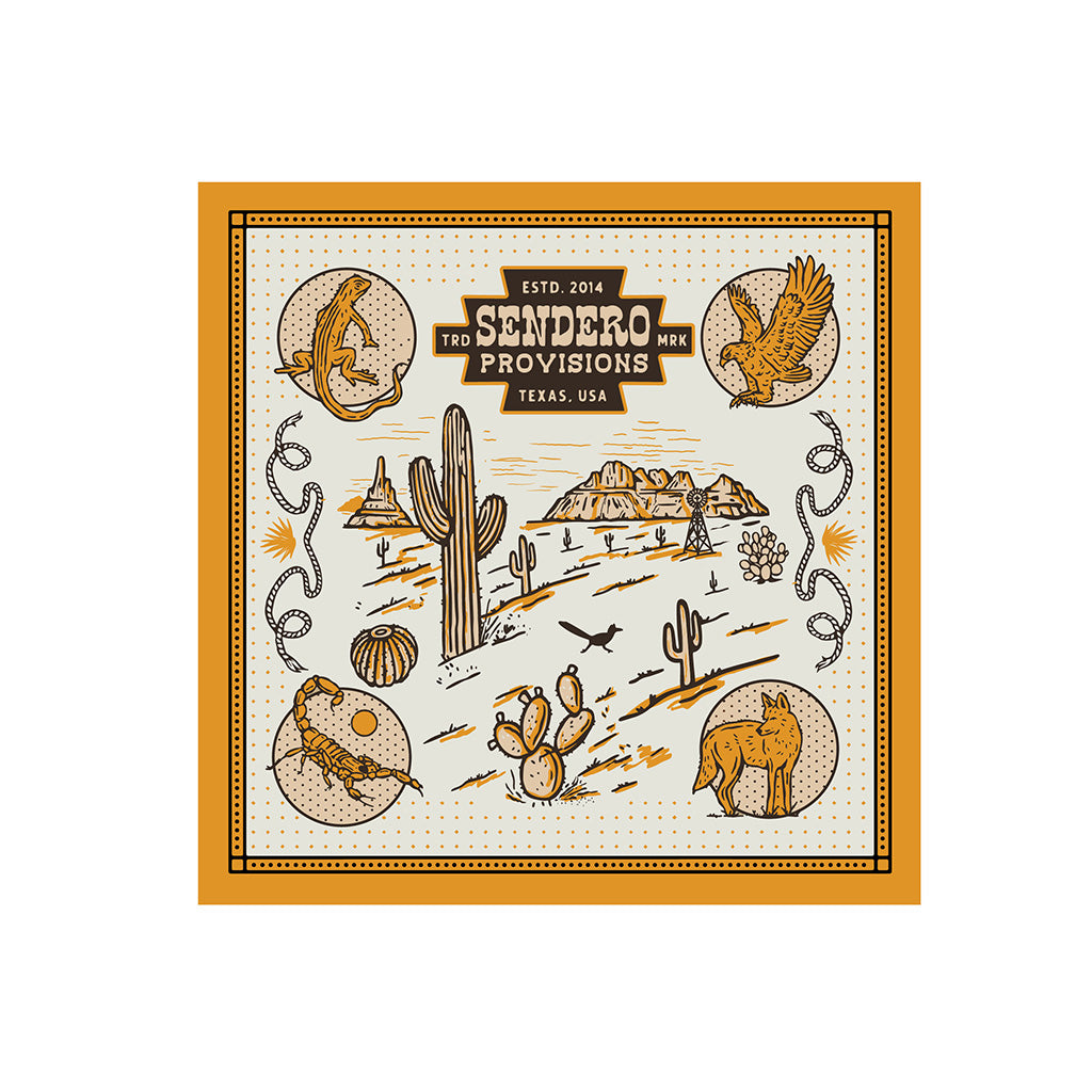 Sendero Provisions product packaging with desert-themed illustrations on a white background
