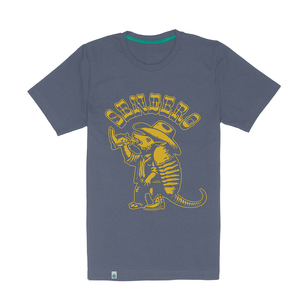 Blue t-shirt with yellow graphic design on a white background