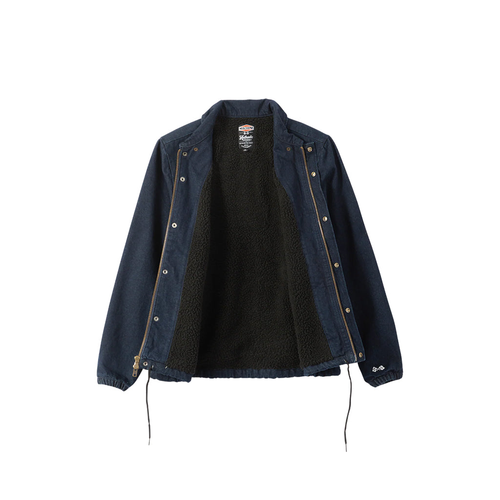 Dark blue denim jacket with black lining on a white background
