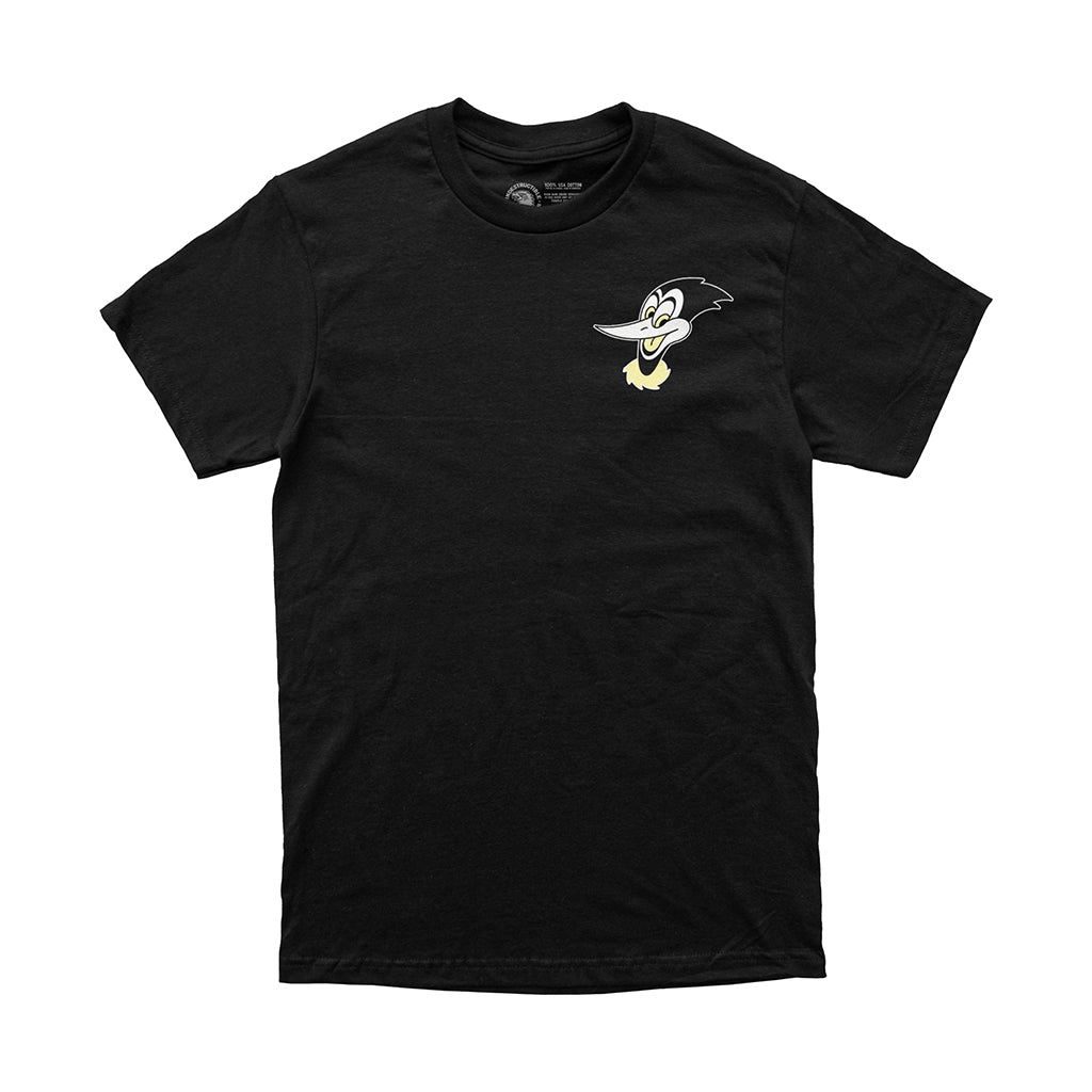 Black t-shirt with a cartoon character on a white background