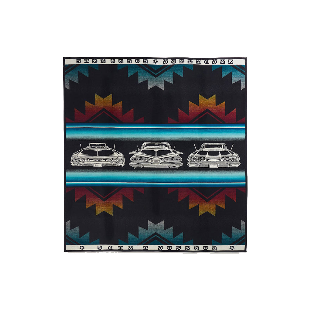 Fabric with geometric pattern and vintage car design on a black background