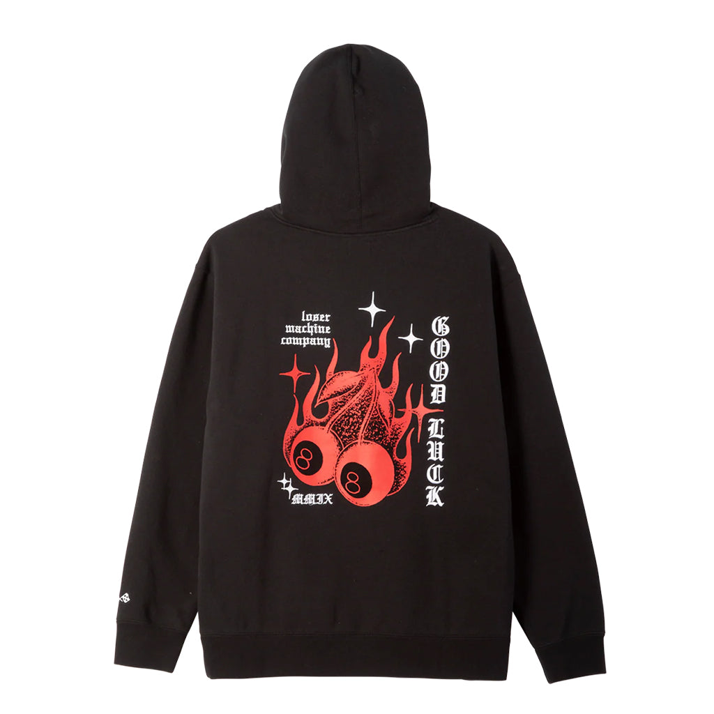 Black hoodie with red and white graphic design on the back against a white background