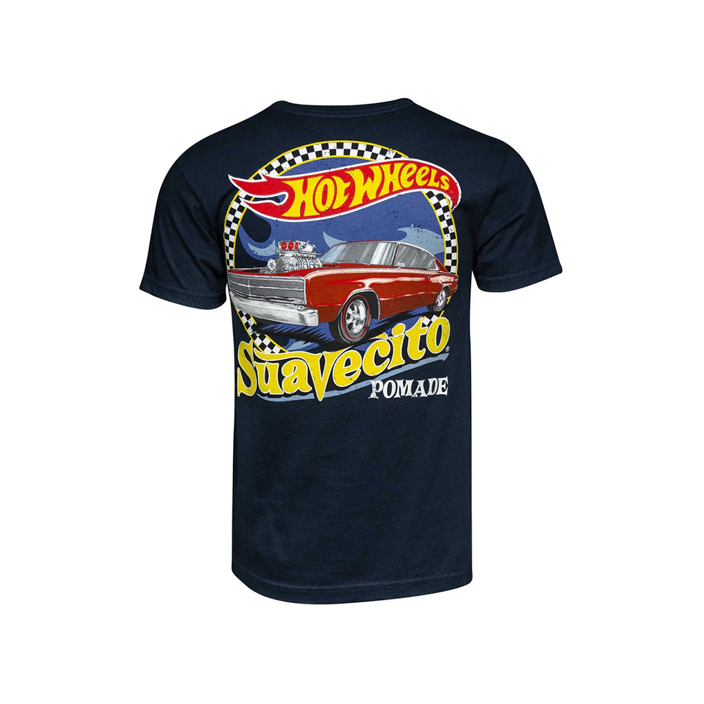 Black t-shirt with Hot Wheels graphic featuring a red car and text on a white background