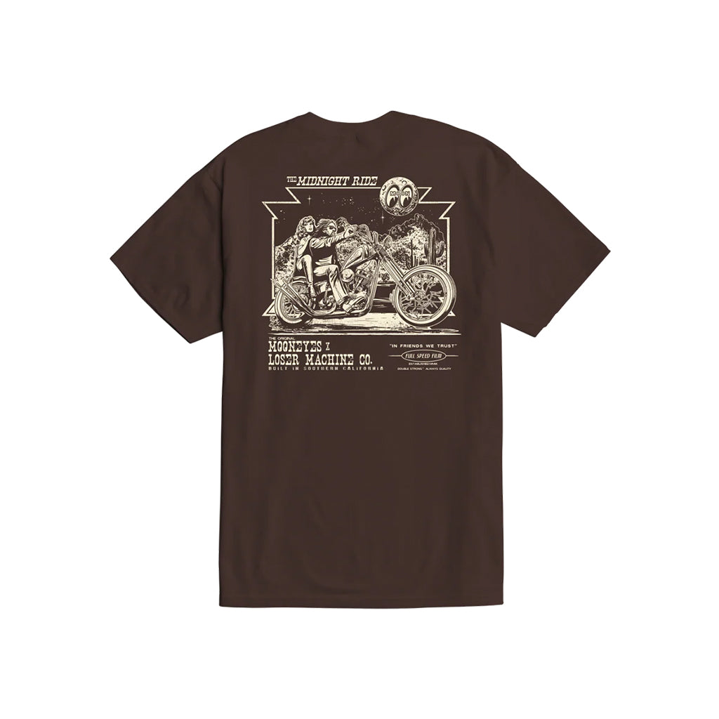 Brown t-shirt with a graphic design on the back featuring a motorcycle and text.