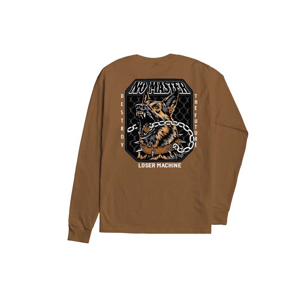 brown long sleeve with image of a husky biting through chains