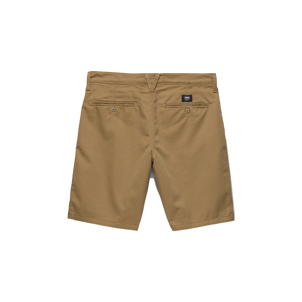 back of Vans Authentic Chino Shorts Dirt showing buttons on back pockets and small black vans logo tag