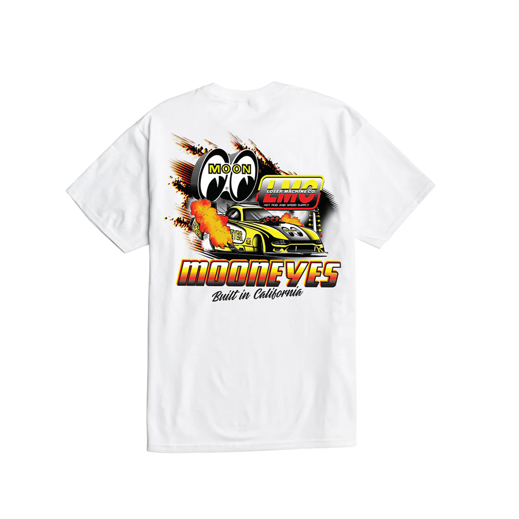 White t-shirt with a car graphic and 'Mooneyes' text on a white background
