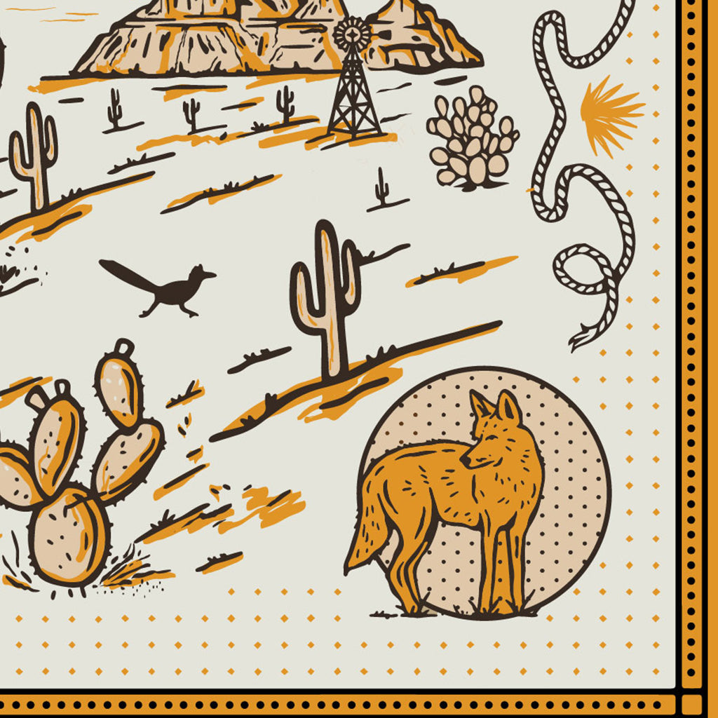 Desert scene with fox, cacti, and other elements on a patterned background