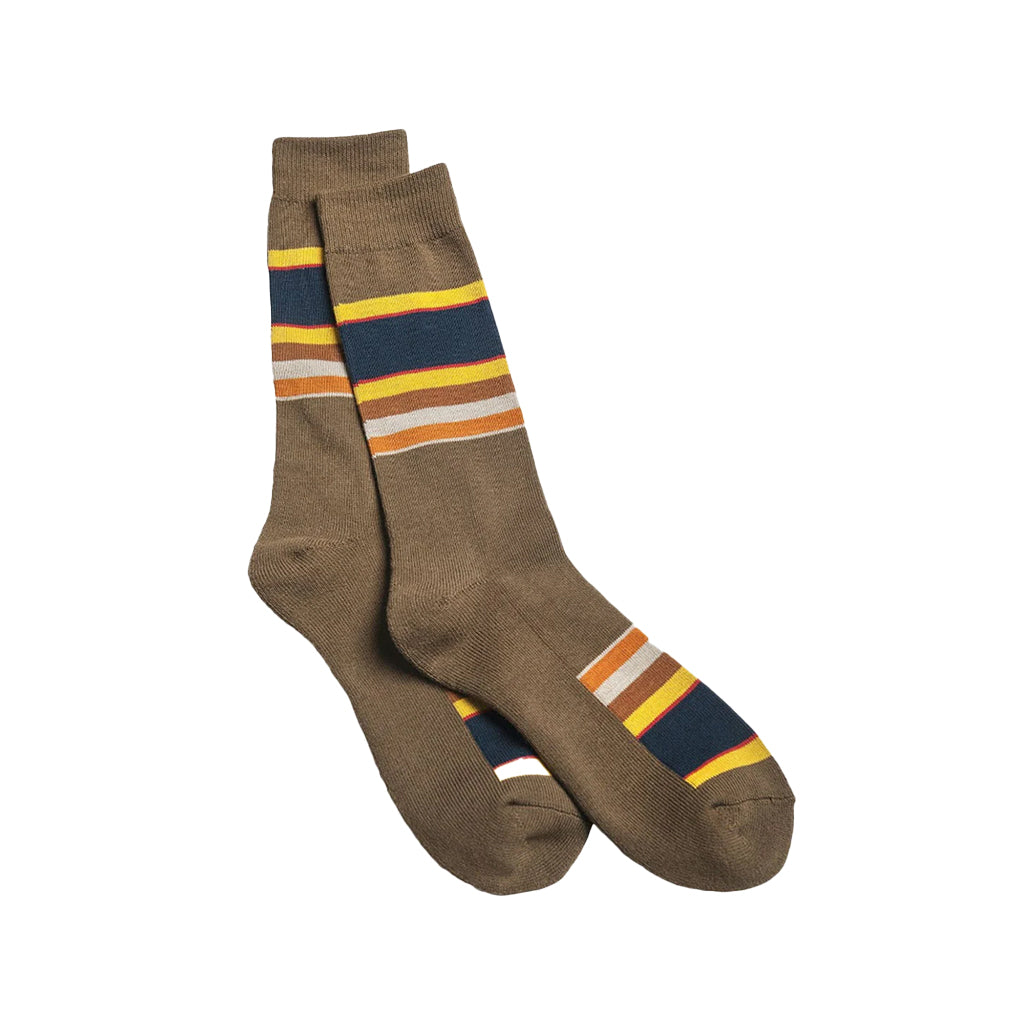 Pair of brown socks with colorful stripes on a white background