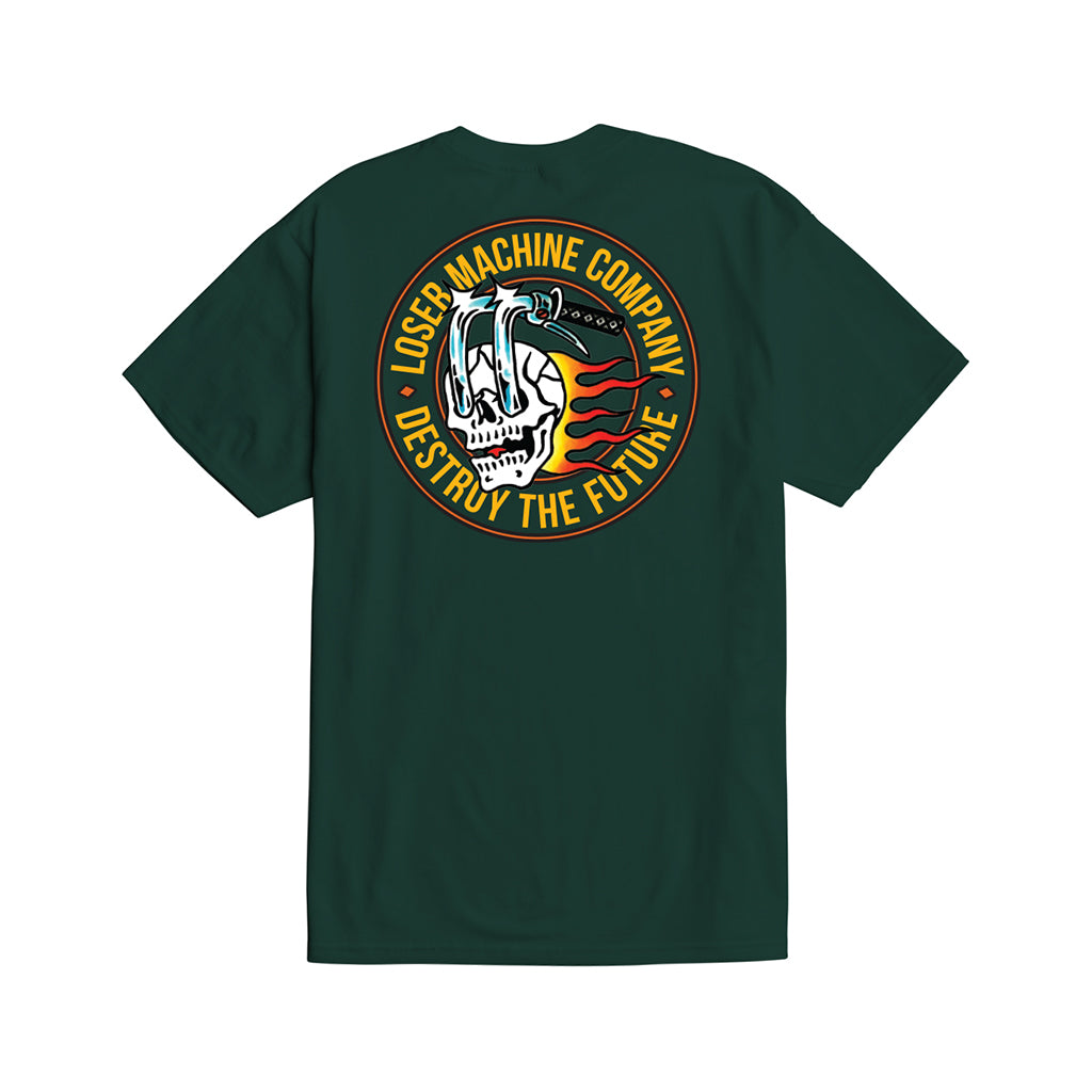 Green t-shirt with a graphic design on the back featuring text and a skull.