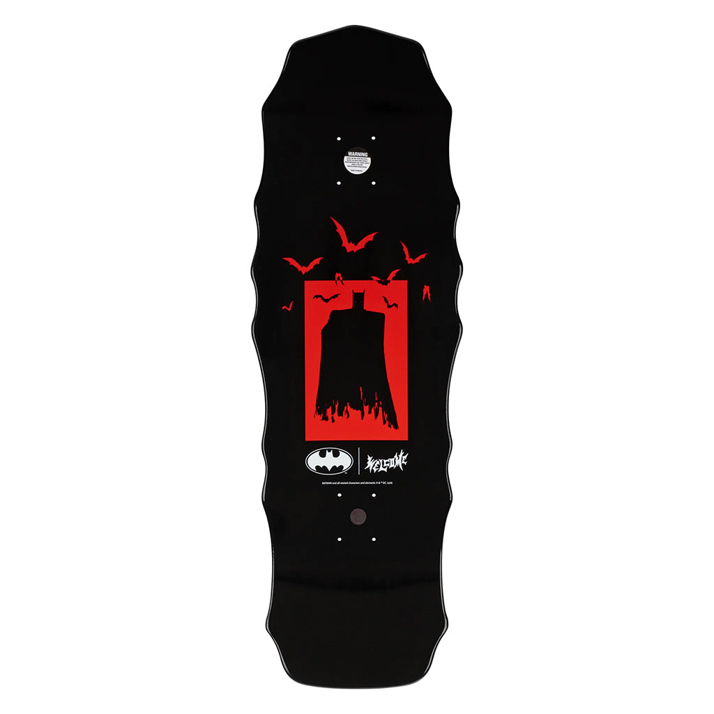 Black skateboard deck with red and white graphic design on a white background