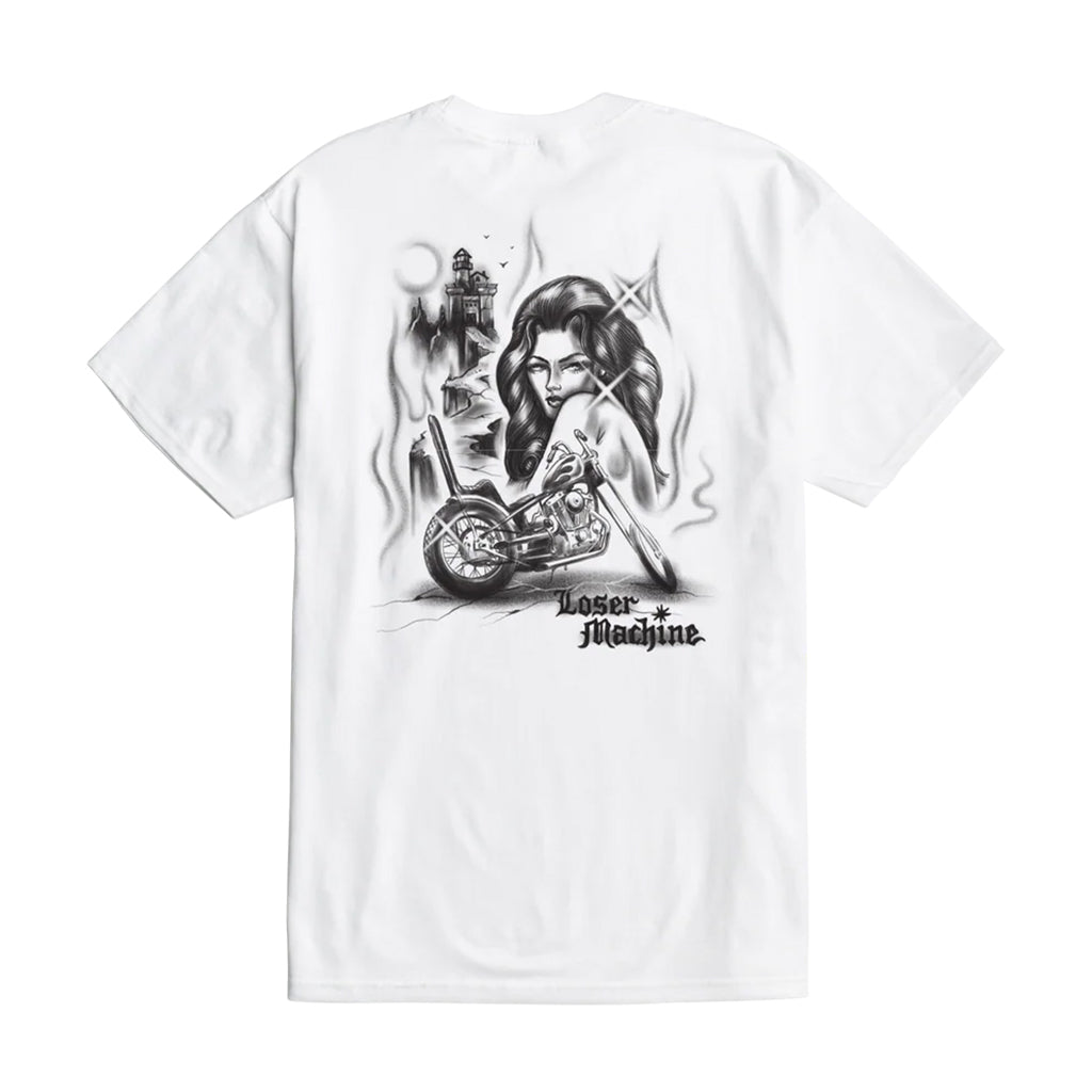 White t-shirt with a graphic design of a woman and motorcycle on a white background