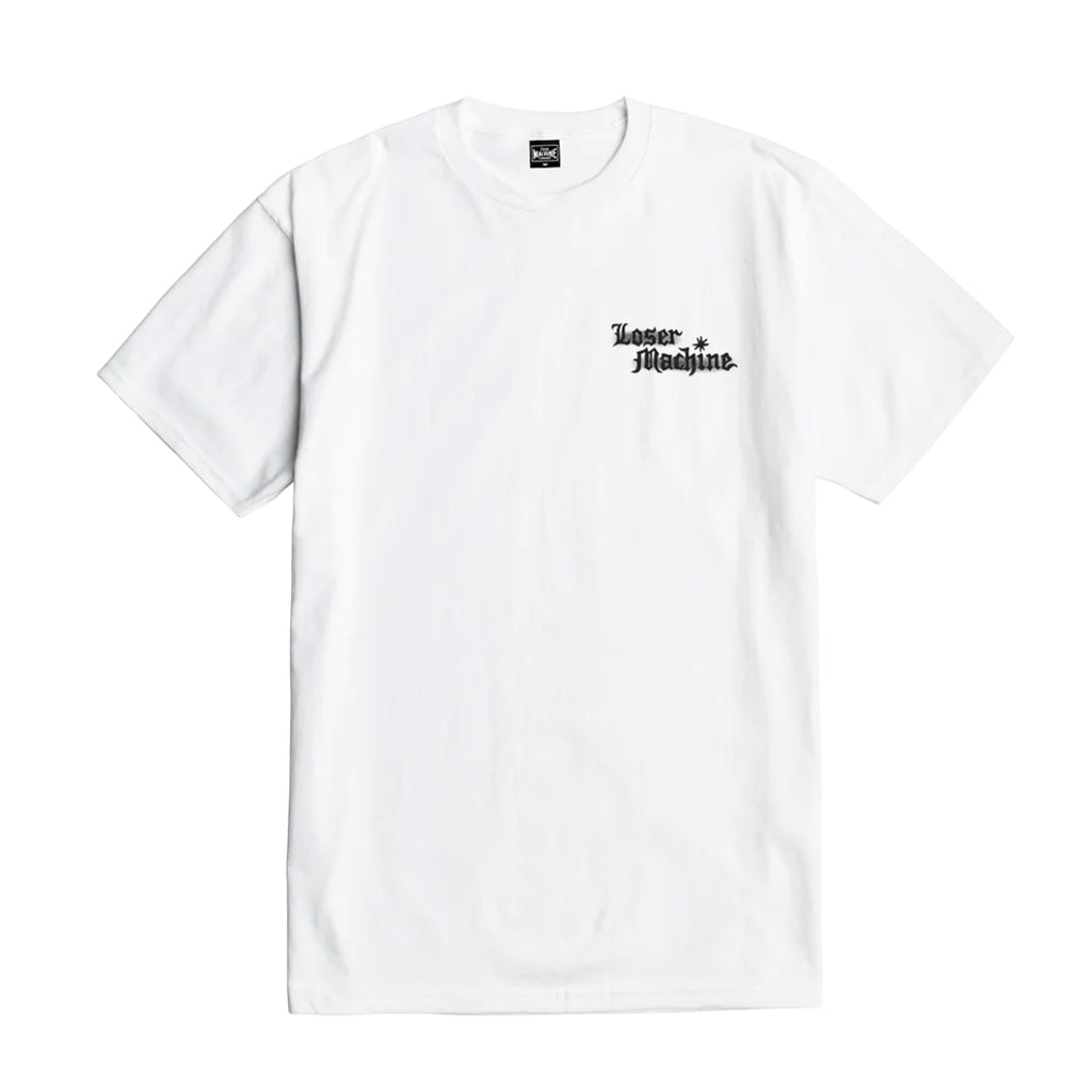 White t-shirt with black text on a white background