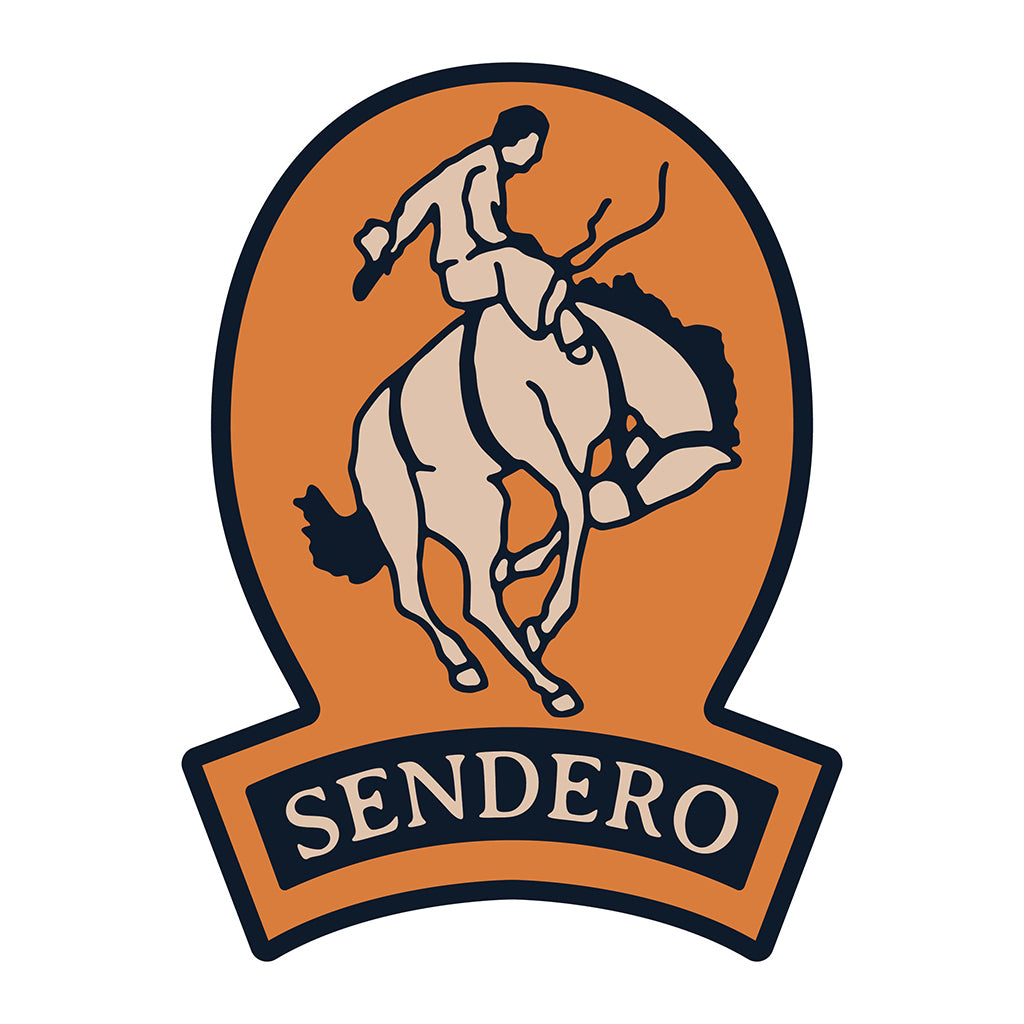 Sendero logo with a horse and rider on an orange background
