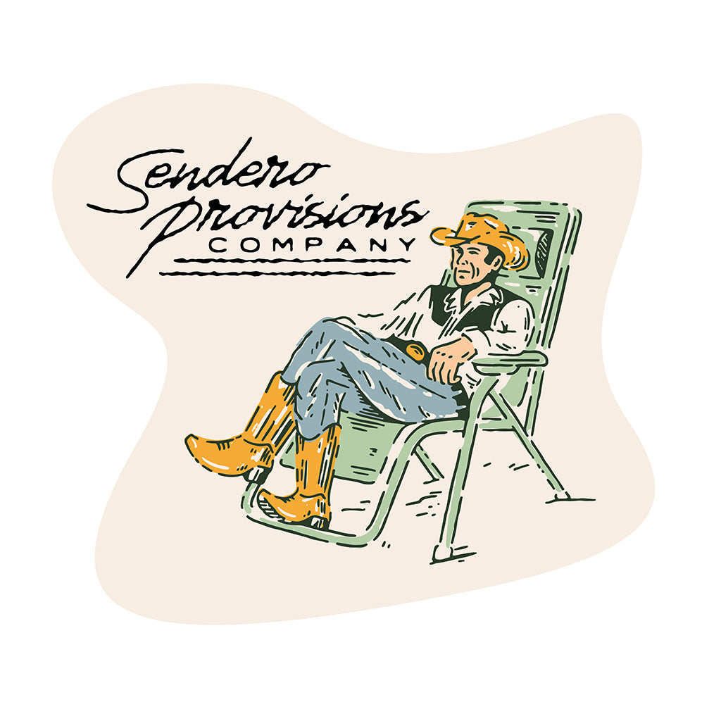 Logo of Sendero Provisions Company with a person sitting in a chair on a beige background