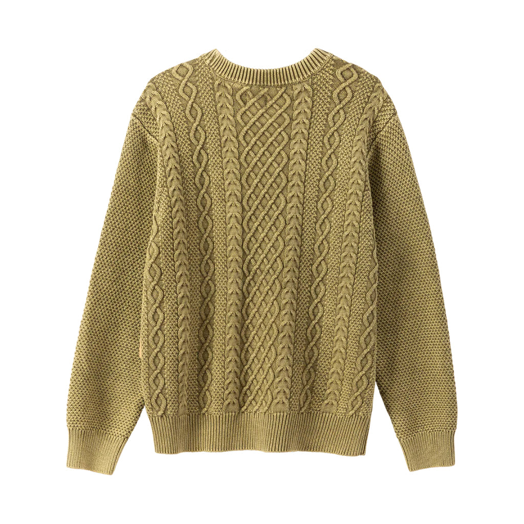 Moss green cable knit sweater on a white background