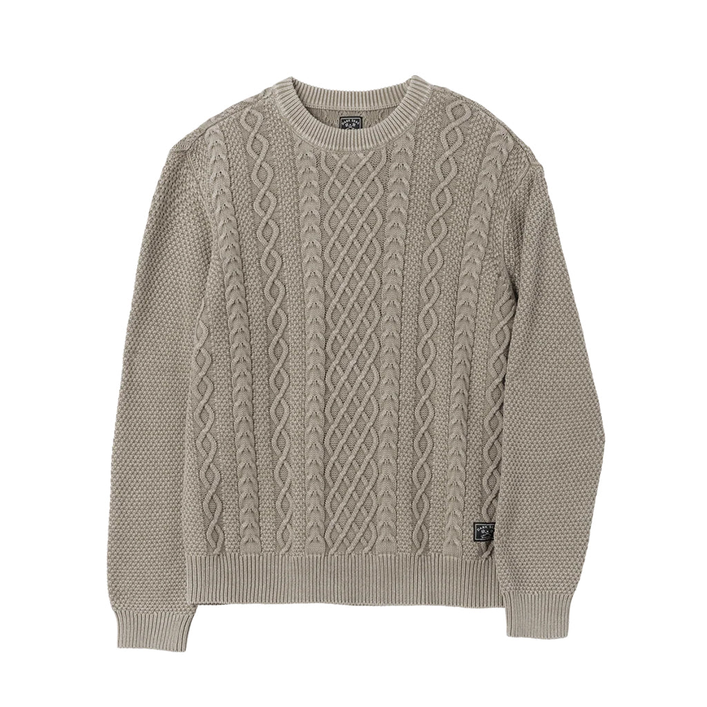 Beige cable knit sweater on a white background