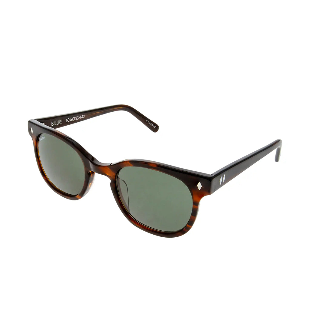 Sunglasses with tortoiseshell frame and dark lenses on a white background