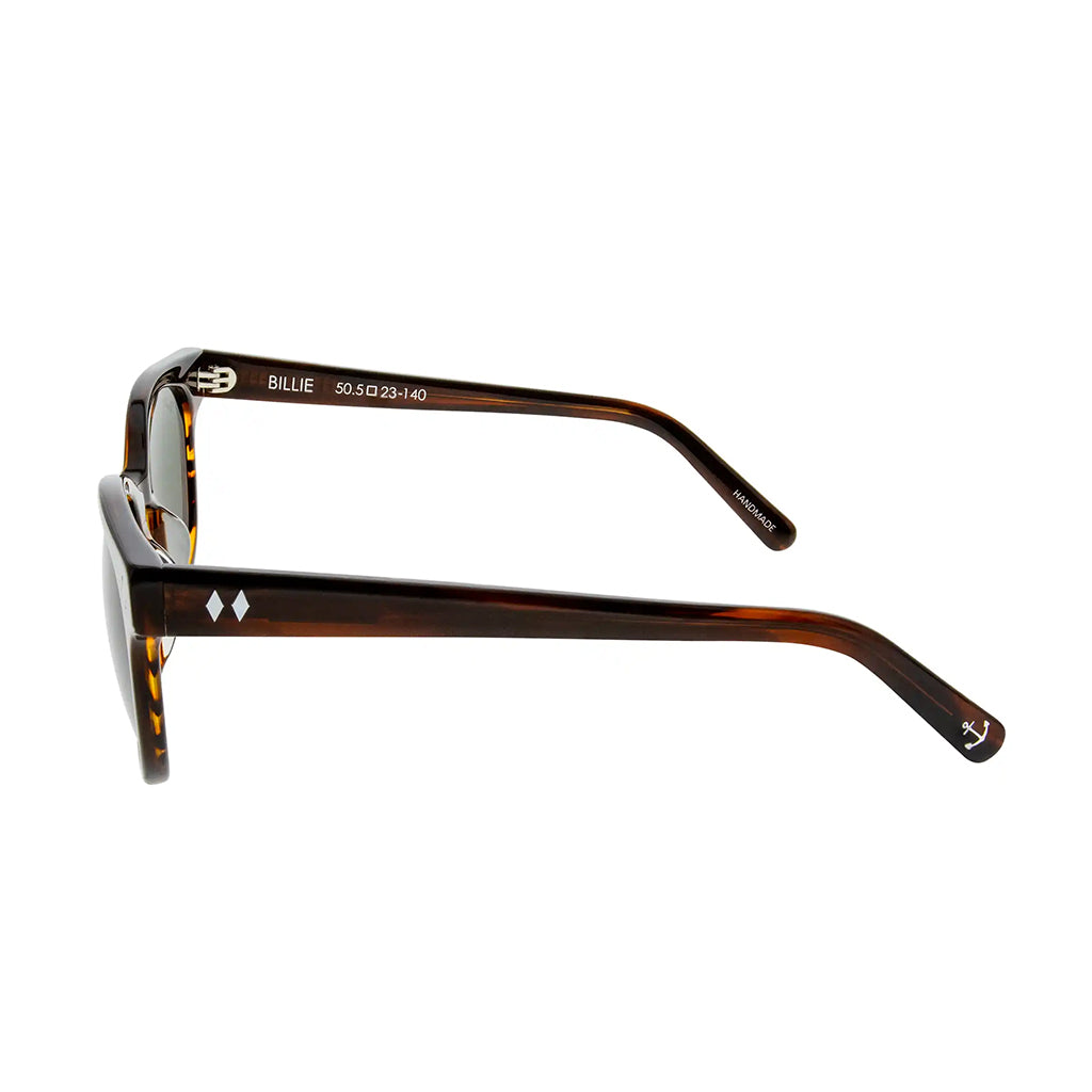 Tortoiseshell sunglasses with 'BILLIE' branding on a white background