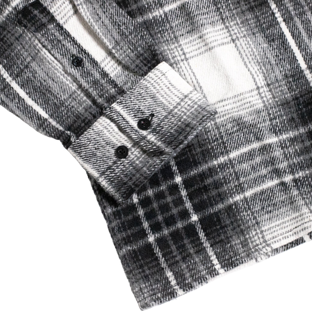 Close-up of a black and white plaid flannel shirt showing the buttoned cuff and fabric texture.