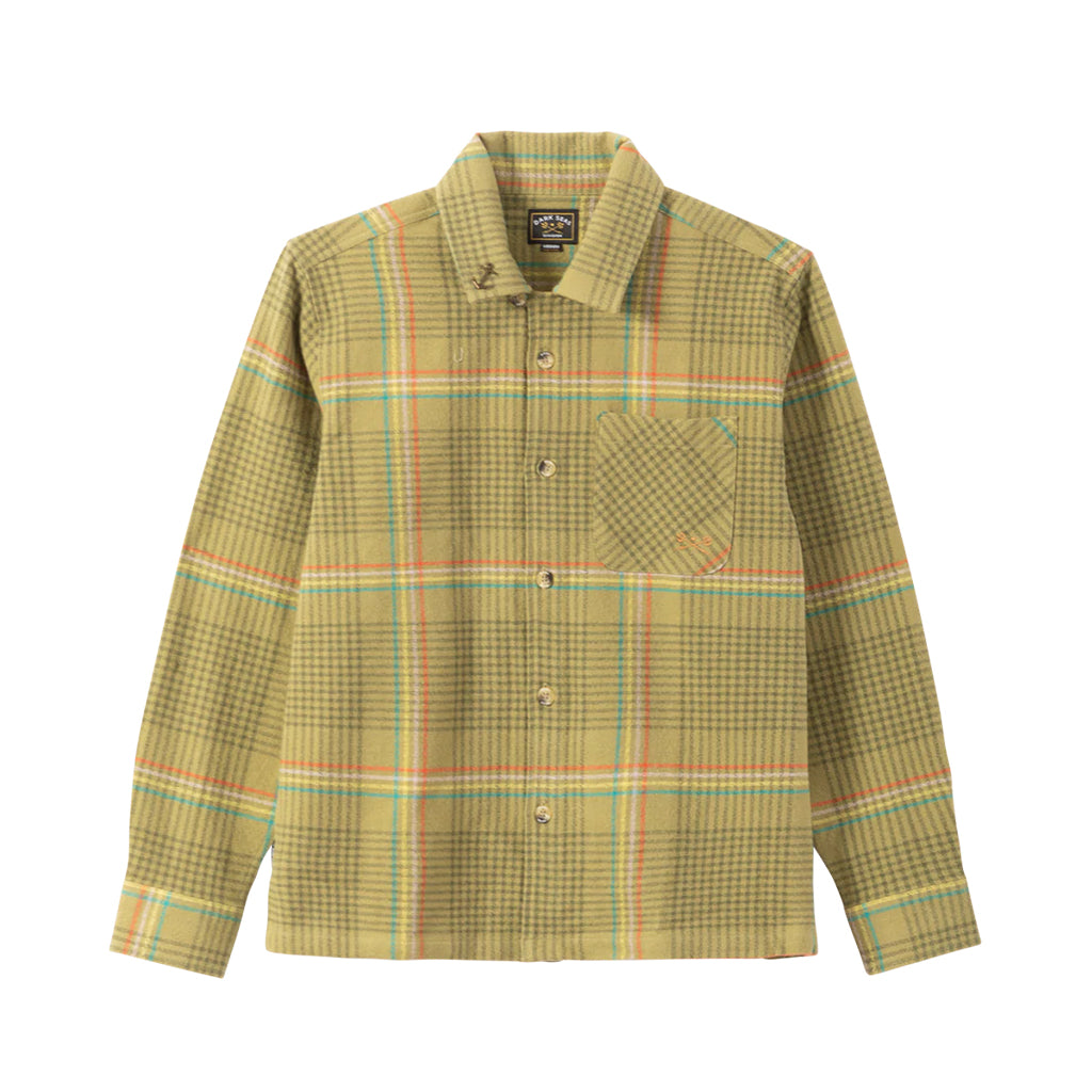 Plaid shirt with green and brown pattern on a white background