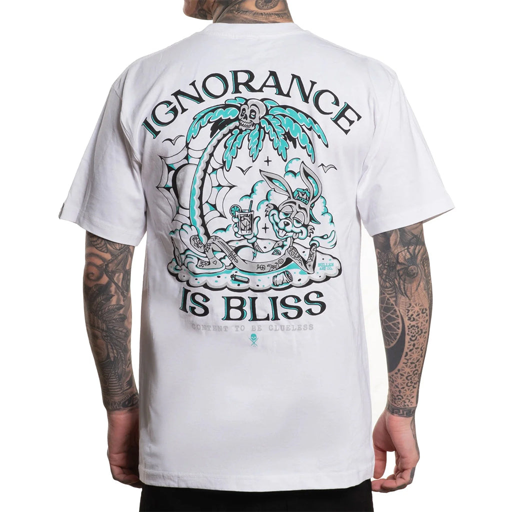 White t-shirt with graphic design and 'Ignorance is Bliss' text on the back, worn by a person.