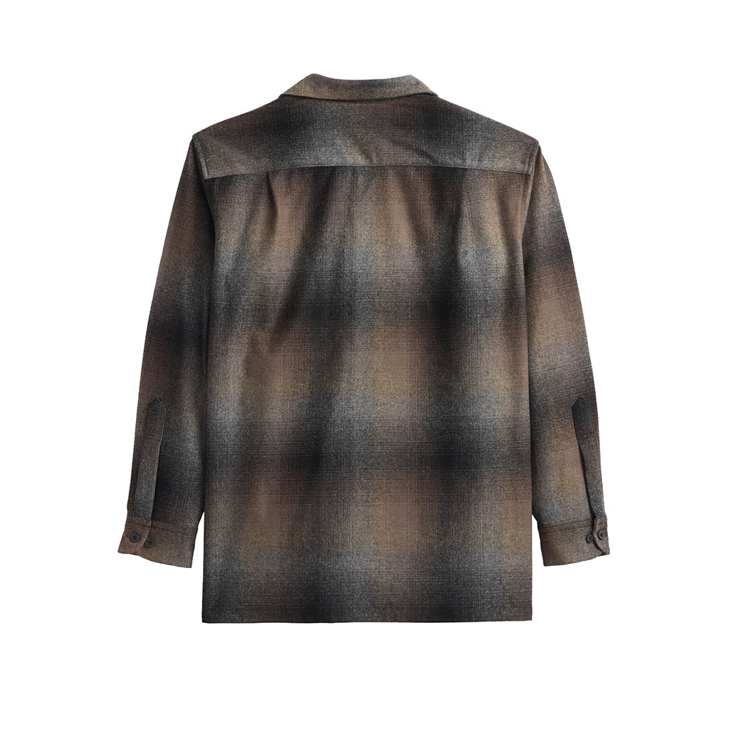 Back view of a plaid shirt on a white background