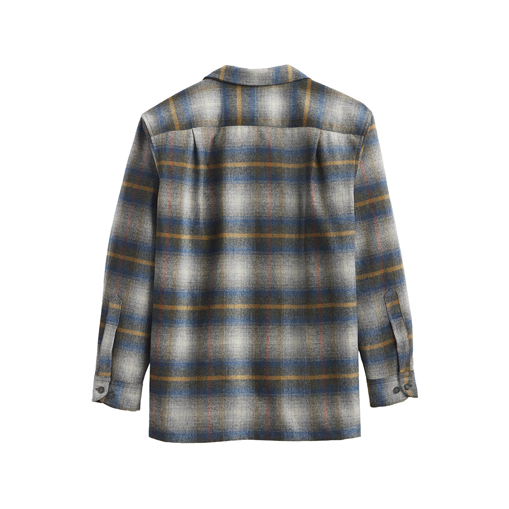 Plaid shirt with blue, gray, and brown pattern on a white background