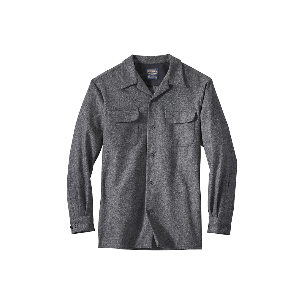 Gray long-sleeve shirt with two front pockets on a white background