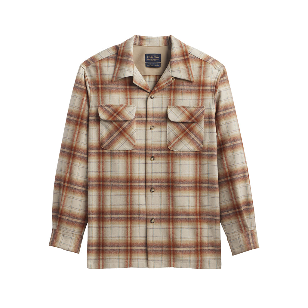Plaid shirt with brown and beige pattern on a white background