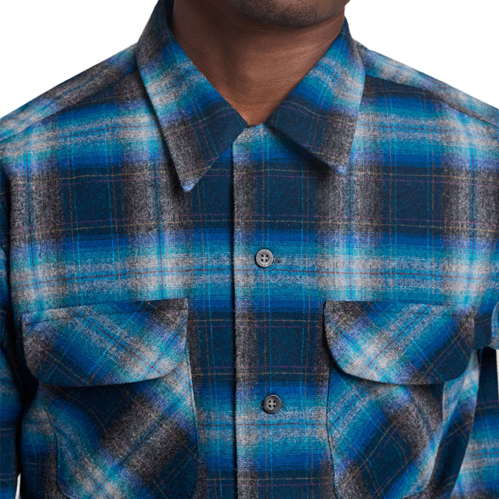Close-up of a person wearing a blue and gray plaid shirt.